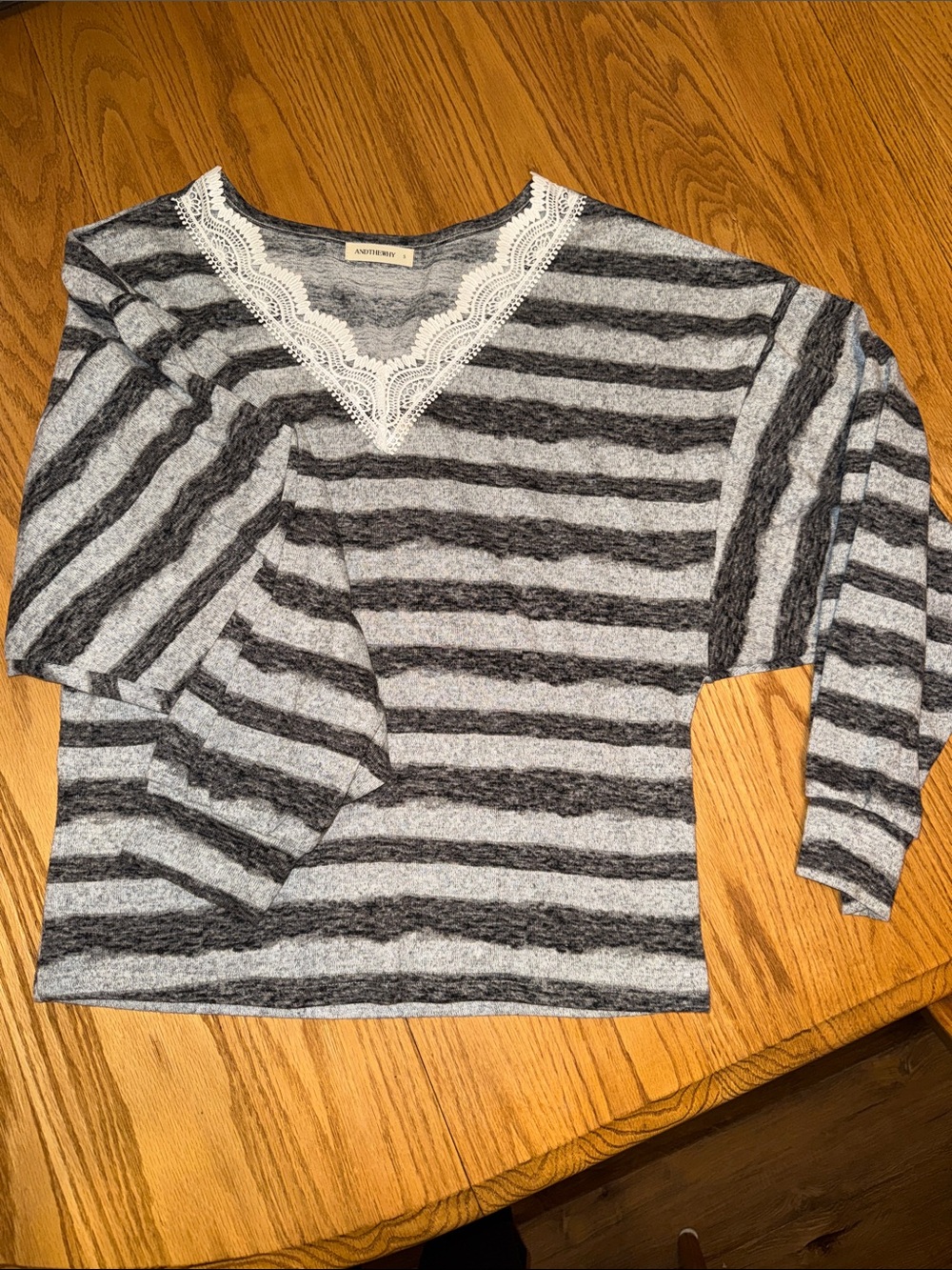 Anthropologie Striped Lace-Trim V-Neck Sweater in Light and Dark Gray